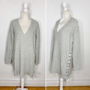 ❗️FREE PEOPLE gray V neck lace up sweater dress